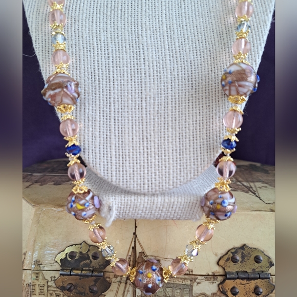 VTG Style Pink Rose & Wedding Cake ART GLASS BEADED NECKLACE 26" GF and Vermeil - Picture 7 of 11